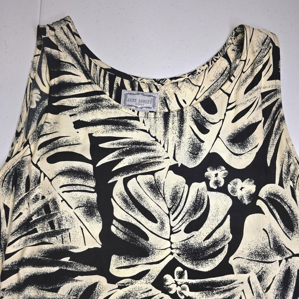 JANE ASHLEY Women's 2X Black Cream White Tropical‎ Floral AOP Sun Dress -1206